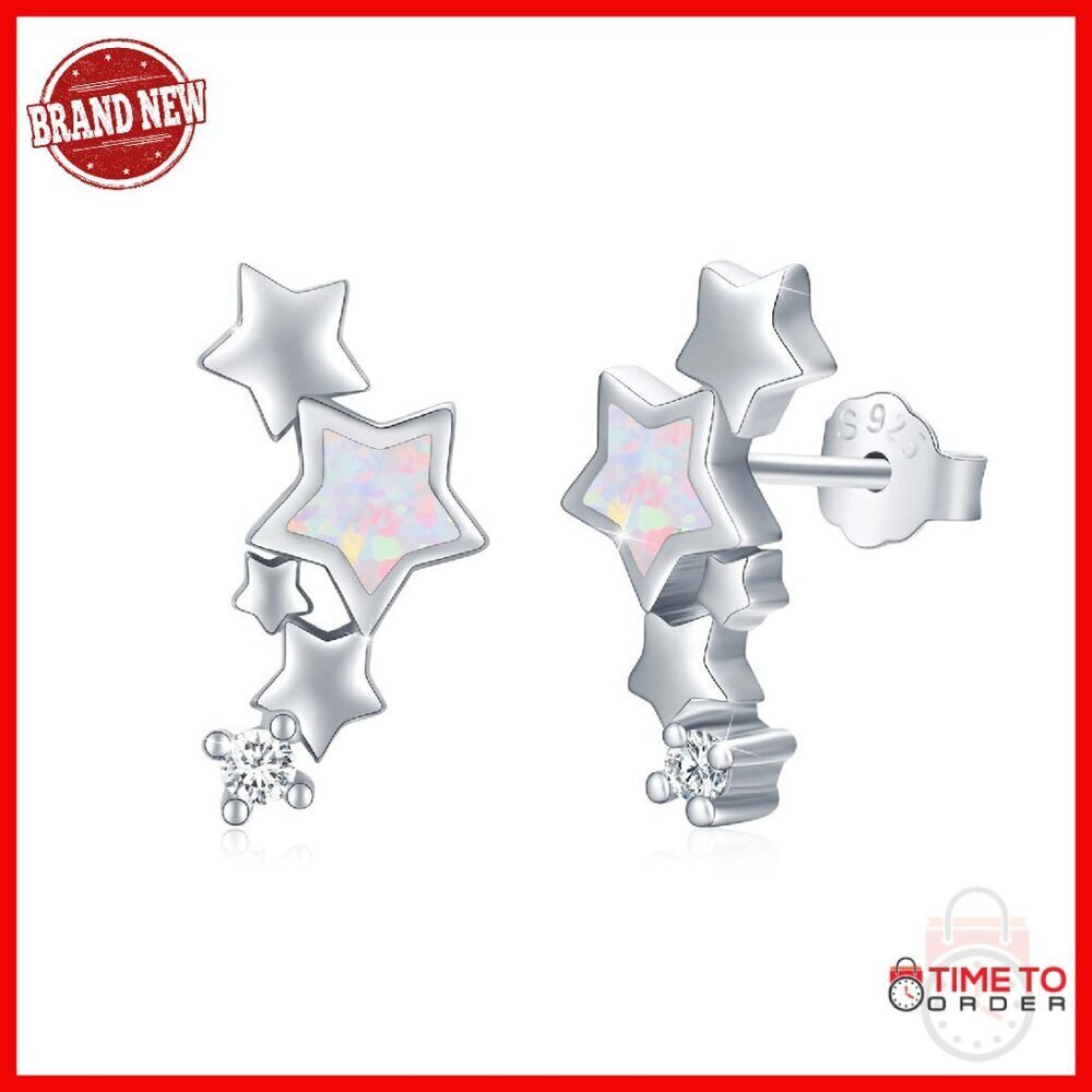Sterling Silver Star Stud Earrings with Opal and Zirconia Tail